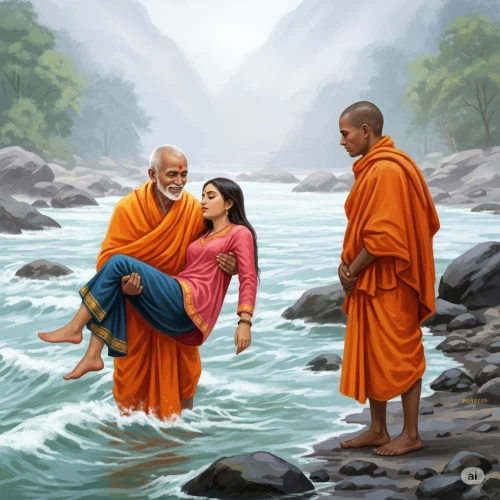 Guru and disciple crossing the river